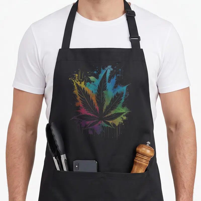 Tablier de cuisine noir avec illustration feuille de cannabis aquarelle multicolore aux éclats de peinture.