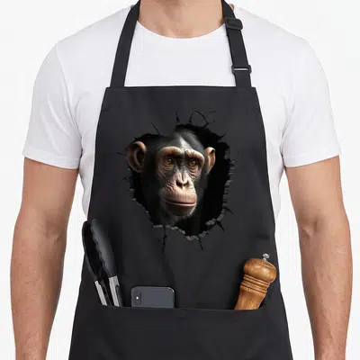 Tablier de cuisine noir avec tête de singe sortant d'un effet de mur déchiré.