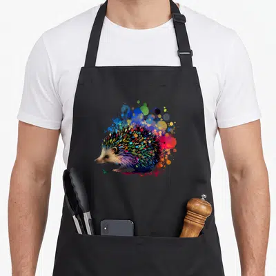 Tablier de cuisine noir avec un hérisson aux piquants multicolores et des éclats de peinture abstraits.