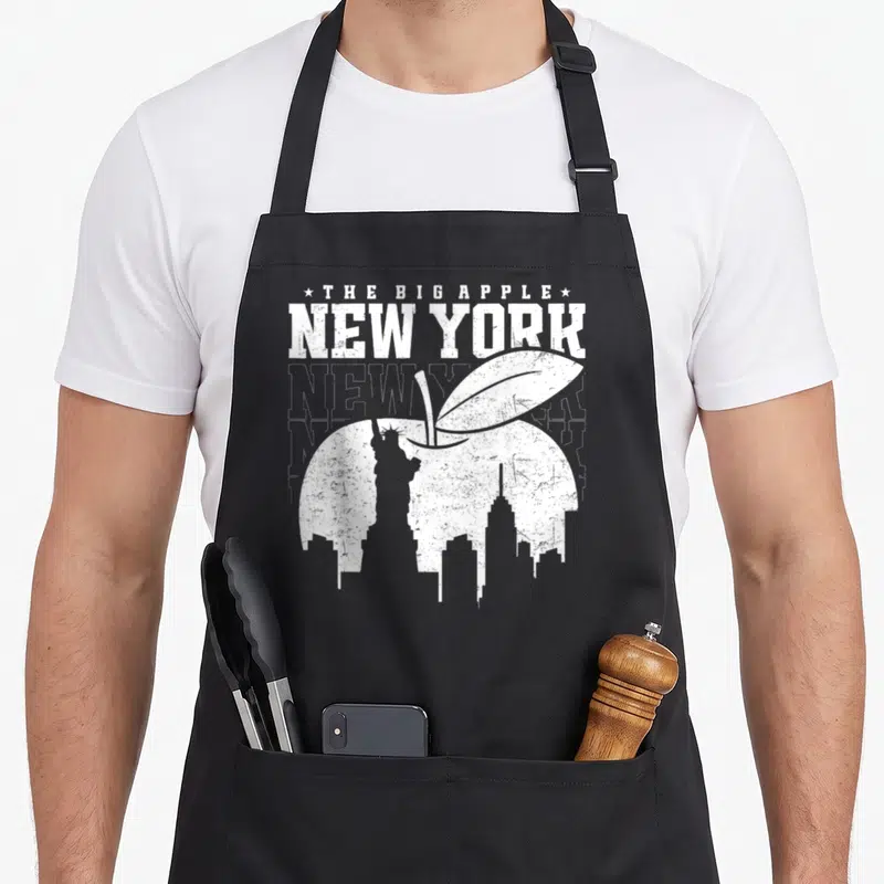 Tablier de cuisine noir avec une grande pomme blanche contenant la Statue de la Liberté et des silhouettes de gratte-ciel.