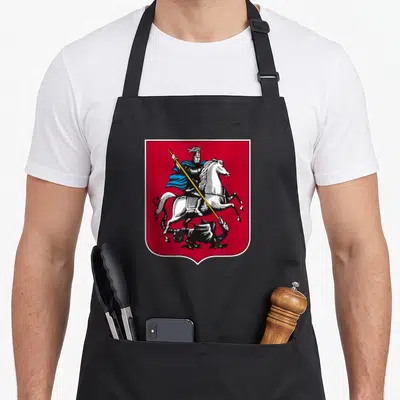 Tablier de cuisine noir avec les armoiries de Moscou représentant Saint Georges au cheval blanc.
