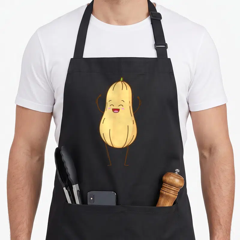 Tablier de cuisine noir avec illustration d'un courge musqué jaune aux bras levés et au visage souriant.