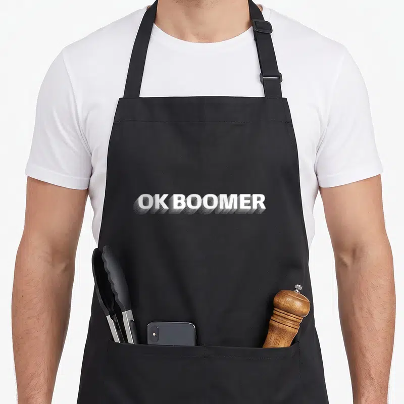 Tablier de cuisine noir avec l'inscription blanche OK BOOMER au centre du torse.