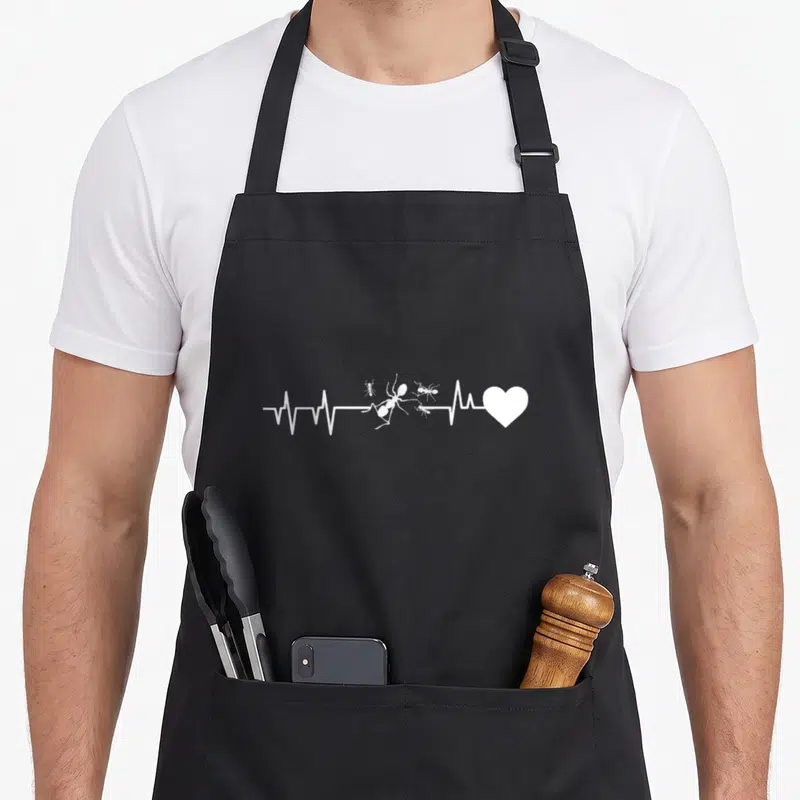 Tablier de cuisine noir avec une ligne d'électrocardiogramme blanche intégrant des fourmis et un cœur stylisé sur le devant.