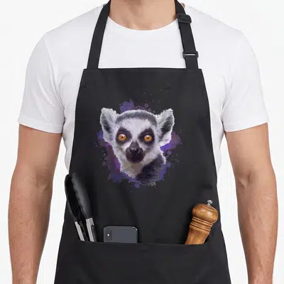 Tablier de cuisine noir avec illustration détaillée d'un lémurien aux yeux orangés et éclaboussures violettes.