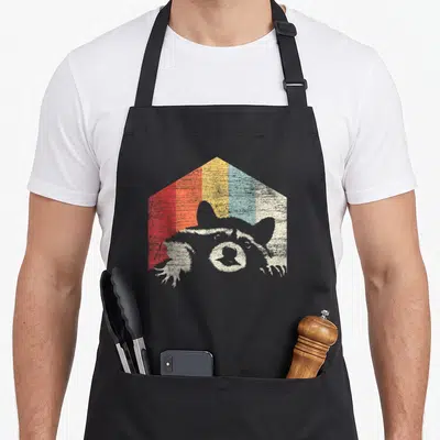 Tablier de cuisine noir avec illustration de raton laveur gris devant une maison aux bandes colorées rouges, jaunes et bleues.