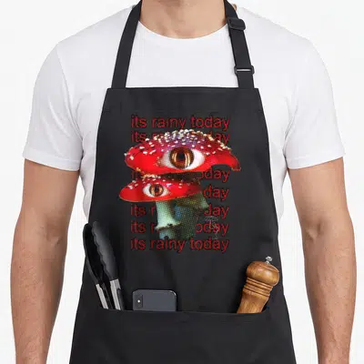 Tablier de cuisine noir avec champignon rouge aux yeux et texte its rainy today en effet glitché.