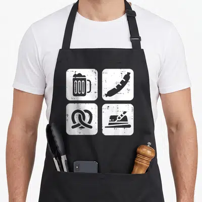 Tablier de cuisine noir avec mug de bière, saucisse, bretzel et chapeau bavarois en blanc.