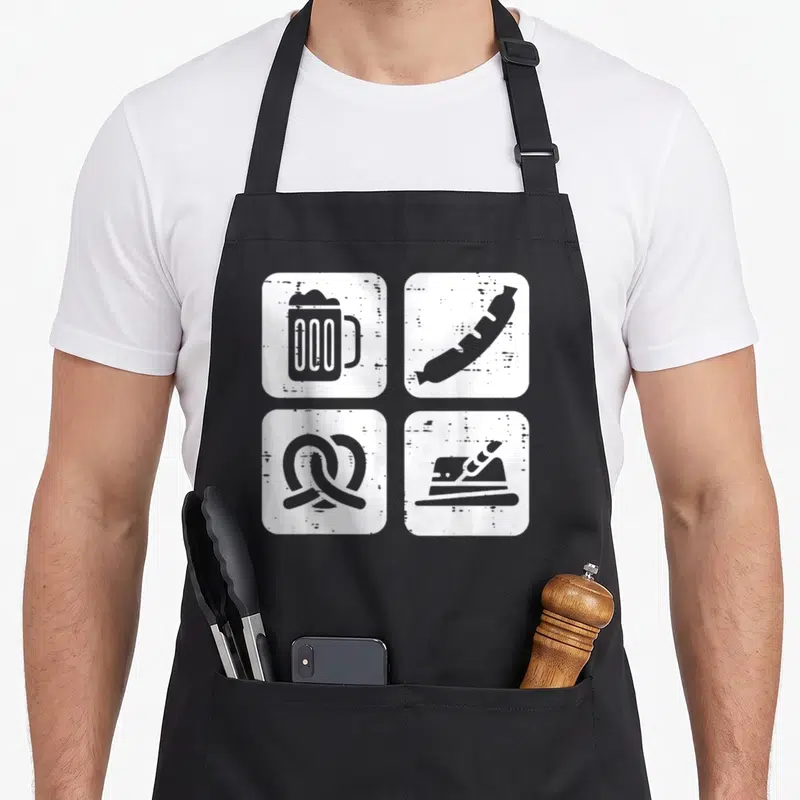 Tablier de cuisine noir avec mug de bière, saucisse, bretzel et chapeau bavarois en blanc.