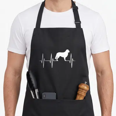 Tablier de cuisine noir avec silhouette blanche de Bouvier Bernois sur fond de rythme cardiaque stylisé