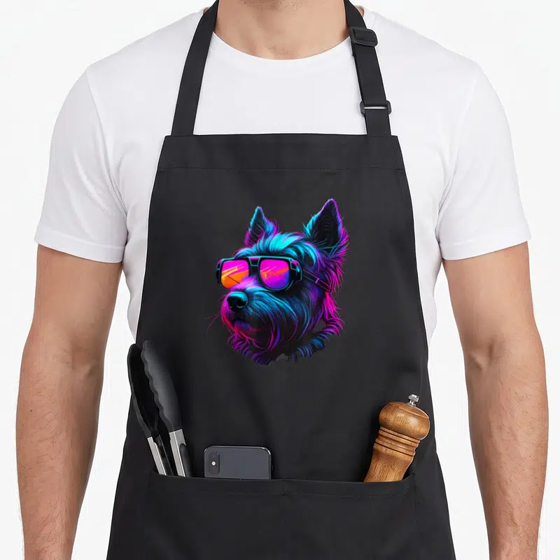 Tablier de cuisine noir avec illustration d'un terrier écossais aux couleurs néon portant des lunettes de soleil.