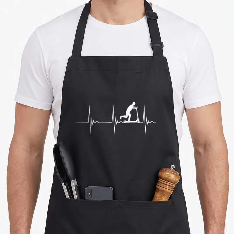 Tablier de cuisine noir avec silhouette blanche sur trottinette électrique insérée dans un tracé de rythme cardiaque ECG.