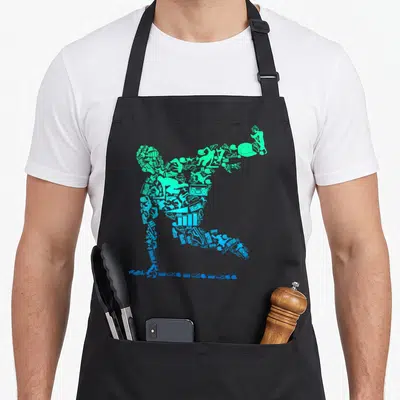 Tablier de cuisine noir avec une silhouette de parkour composée d'icônes urbaines en dégradé vert et bleu.