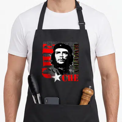 Tablier de cuisine noir avec portrait stylisé d'Ernesto Che Guevara et texte rouge Revolution CHE.