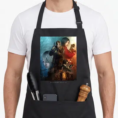 Tablier de cuisine noir avec illustration Resident Evil 4 montrant Leon, Ashley et Ada Sawa avec leurs armes respectives.