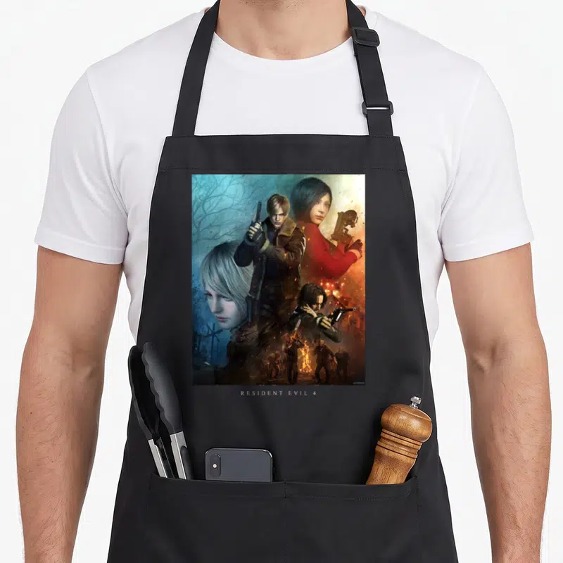Tablier de cuisine noir avec illustration Resident Evil 4 montrant Leon, Ashley et Ada Sawa avec leurs armes respectives.