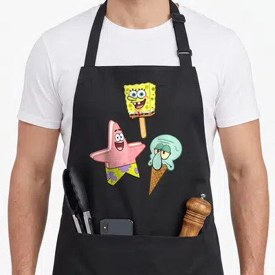 Tablier de cuisine noir avec SpongeBob, Patrick et Calamard en forme de sorbet et crème glacée.