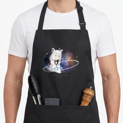 Tablier de cuisine noir avec illustration de Shirakami Fubuki Space Fox sur fond d'univers stellaire coloré.