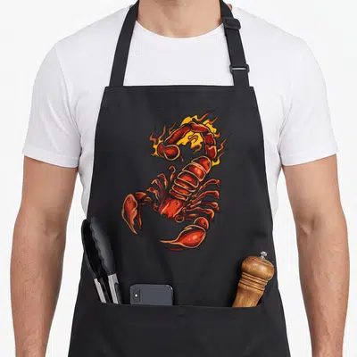 Tablier de cuisine noir avec un scorpion rouge et des flammes jaunes imprimés au centre du torse.