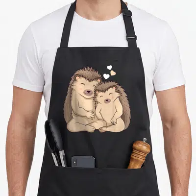 Tablier de cuisine noir avec deux hérissons mignons assis côte à côte et trois cœurs au-dessus d'eux.