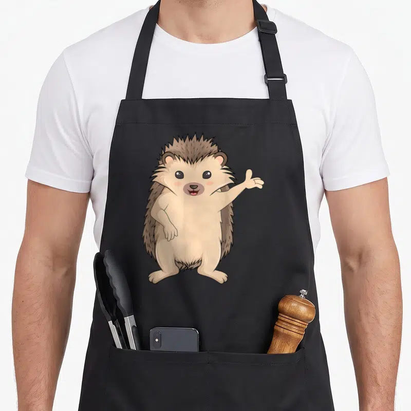 Tablier de cuisine noir avec illustration d'un hérisson marron debout qui tend la main en souriant.