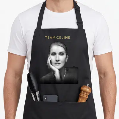 Tablier de cuisine noir avec portrait femme main visage texte doré Team Celine en haut