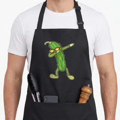 Tablier de cuisine noir avec un concombre vert anthropomorphique effectuant la pose dab, portant des lunettes orange et une chaîne dorée.