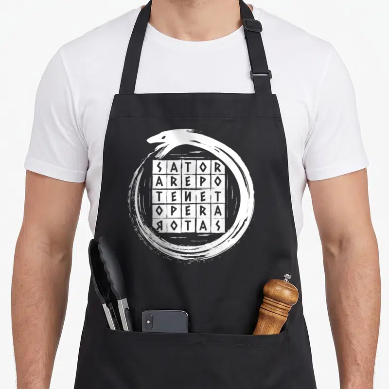 Tablier de cuisine noir avec palindrome Sator Arepo Tenet Opera Rotas et serpent Ouroboros en blanc.