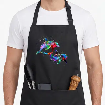 Tablier de cuisine noir avec deux dauphins multicolores stylisés et des éclaboussures artistiques.
