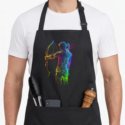 Tablier de cuisine noir avec une illustration multicolore d'un archer tendant son arc en style esquisse numérique éclatée.
