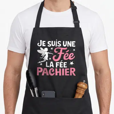 Tablier de cuisine noir avec inscription Je suis une Fée La Fée Pachier et silhouette rose.
