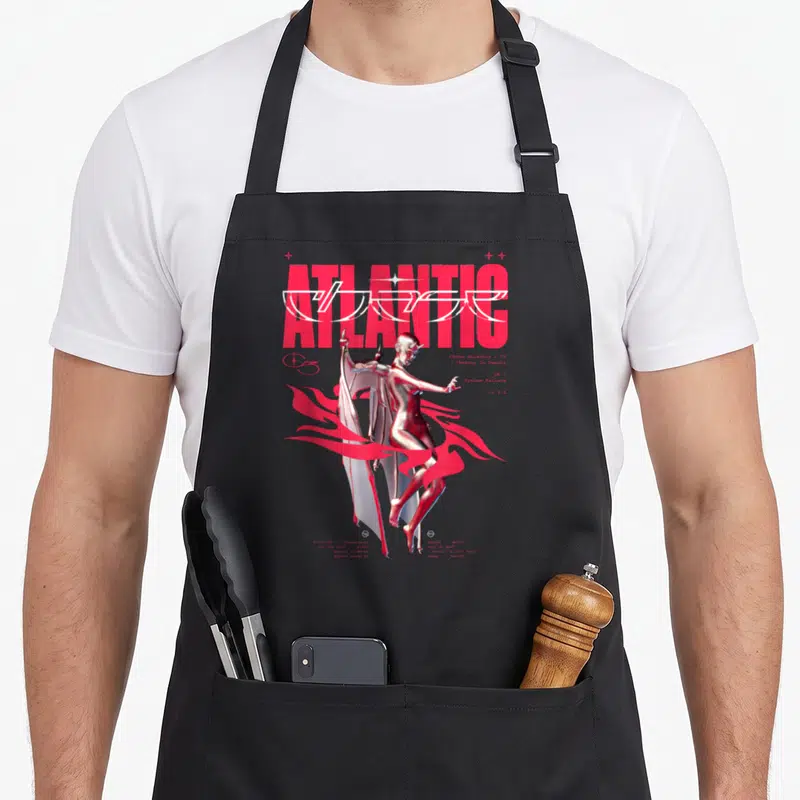 Tablier de cuisine noir avec illustration d'un diable métallique rose et le texte Chase Atlantic en typographie stylisée.