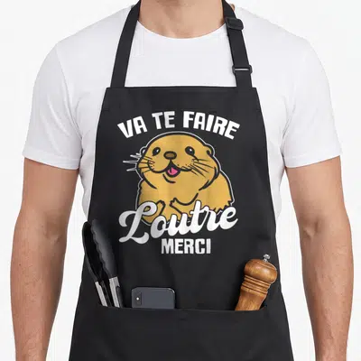 Tablier de cuisine noir avec illustration de loutre jaune et texte blanc Va Te Faire Loutre Merci Mignon