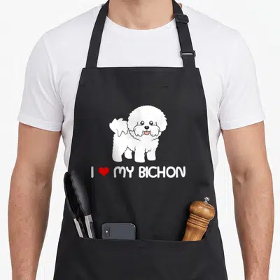 Tablier de cuisine noir avec un Bichon Frise blanc dessiné et le texte I Love My Bichon en bas