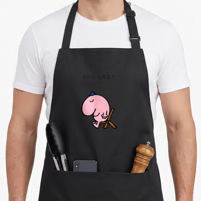 Tablier de cuisine noir avec l'illustration de Mr. Lazy assis dans un fauteuil en bois sous le titre MR. LAZY.