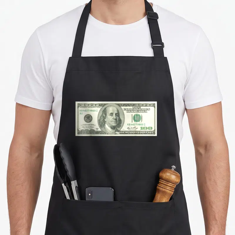 Tablier de cuisine noir avec un grand billet de cent dollars américain imprimé en couleur.