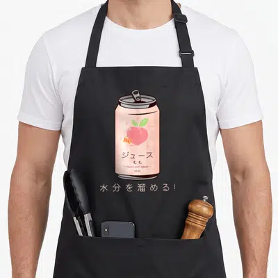 Tablier de cuisine noir avec illustration d'une canette rose peach soft drink et motifs japonais stylisés style vaporwave.