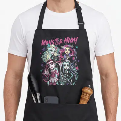 Tablier de cuisine noir avec illustration colorée de quatre personnages Monster High et l'inscription 2010 Tour Monster High.