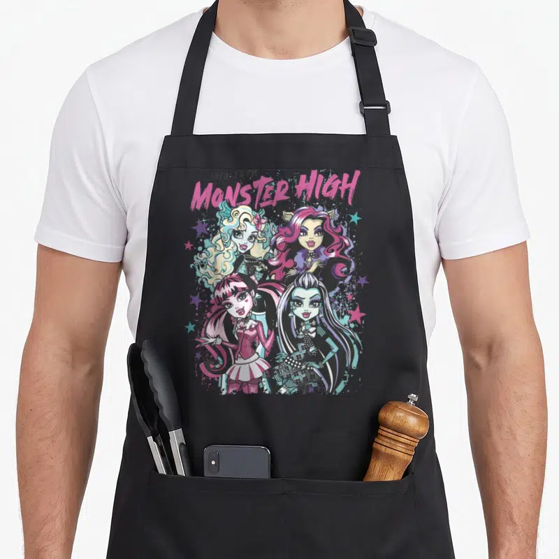 Tablier de cuisine noir avec illustration colorée de quatre personnages Monster High et l'inscription 2010 Tour Monster High.