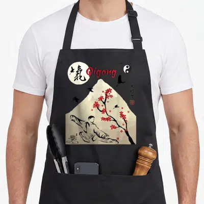 Tablier de cuisine noir avec illustration Qigong, montagne, cerisier rouge, cranes volants et symbole Yin Yang.