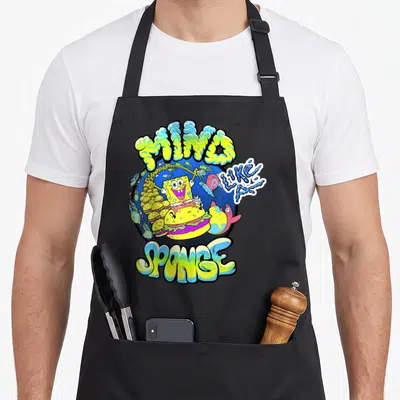 Tablier de cuisine noir avec illustration colorée de SpongeBob sur un burger et texte Mind Like Sponge en style néon.