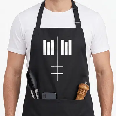 Tablier de cuisine noir avec le logo MM Cross blanc composé de lettres géométriques et d'une croix inversée.
