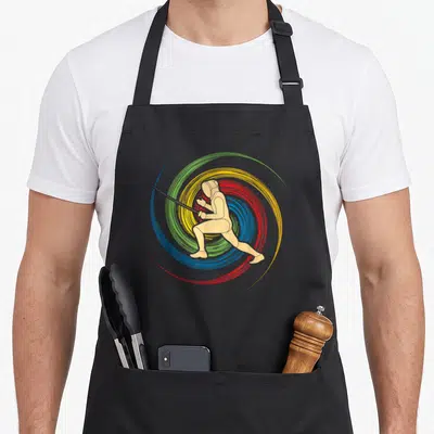 Tablier de cuisine noir avec illustration d'un escrimeur entouré de lignes colorées en spirale.