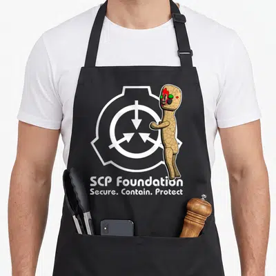 Tablier de cuisine noir avec illustration du SCP-173 et logo de la Fondation Secure Contain Protect en blanc.