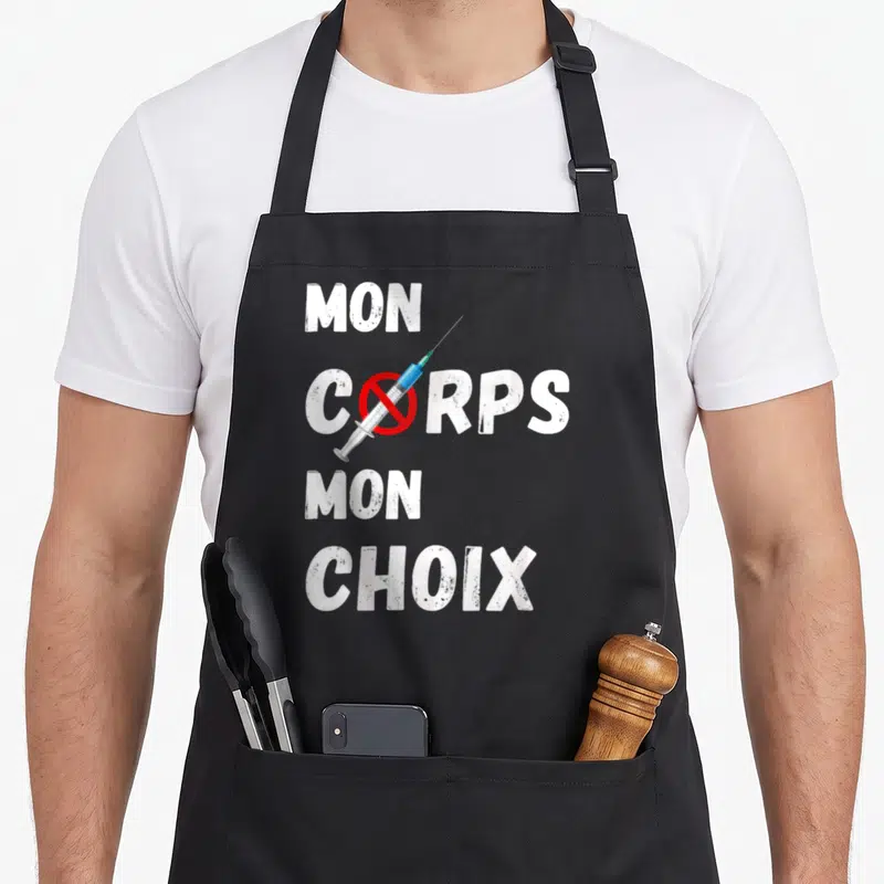 Tablier de cuisine noir avec le texte Mon Corps Mon Choix et une seringue barrée en rouge traversant la lettre O.