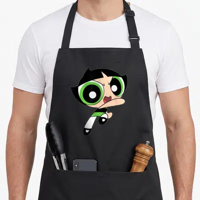 Tablier de cuisine noir avec illustration de Buttercup aux grands yeux verts et cheveux noirs en train de voler.
