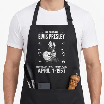 Tablier de cuisine noir avec affiche blanche Elvis Presley Buffalo NY 1957 guitare et micro.