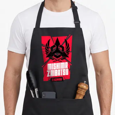 Tablier de cuisine noir avec l'emblème Mishima Zaibatsu rouge, noir et texte blanc.