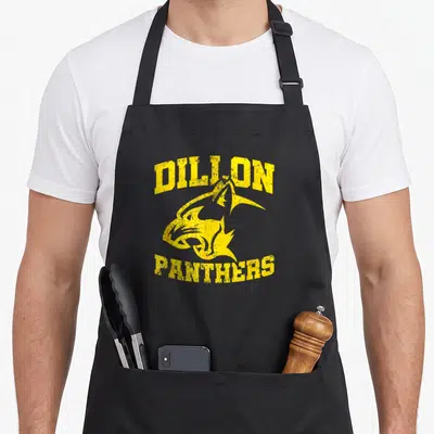 Tablier de cuisine noir avec l'inscription Dillon Panthers et une tête de panthère stylisée en jaune sur le devant.