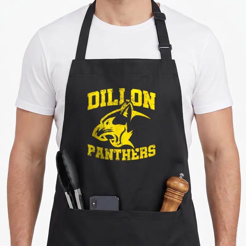 Tablier de cuisine noir avec l'inscription Dillon Panthers et une tête de panthère stylisée en jaune sur le devant.